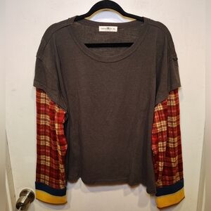 NATURAL LIFE Brown Top with Red Plaid Sleeves
